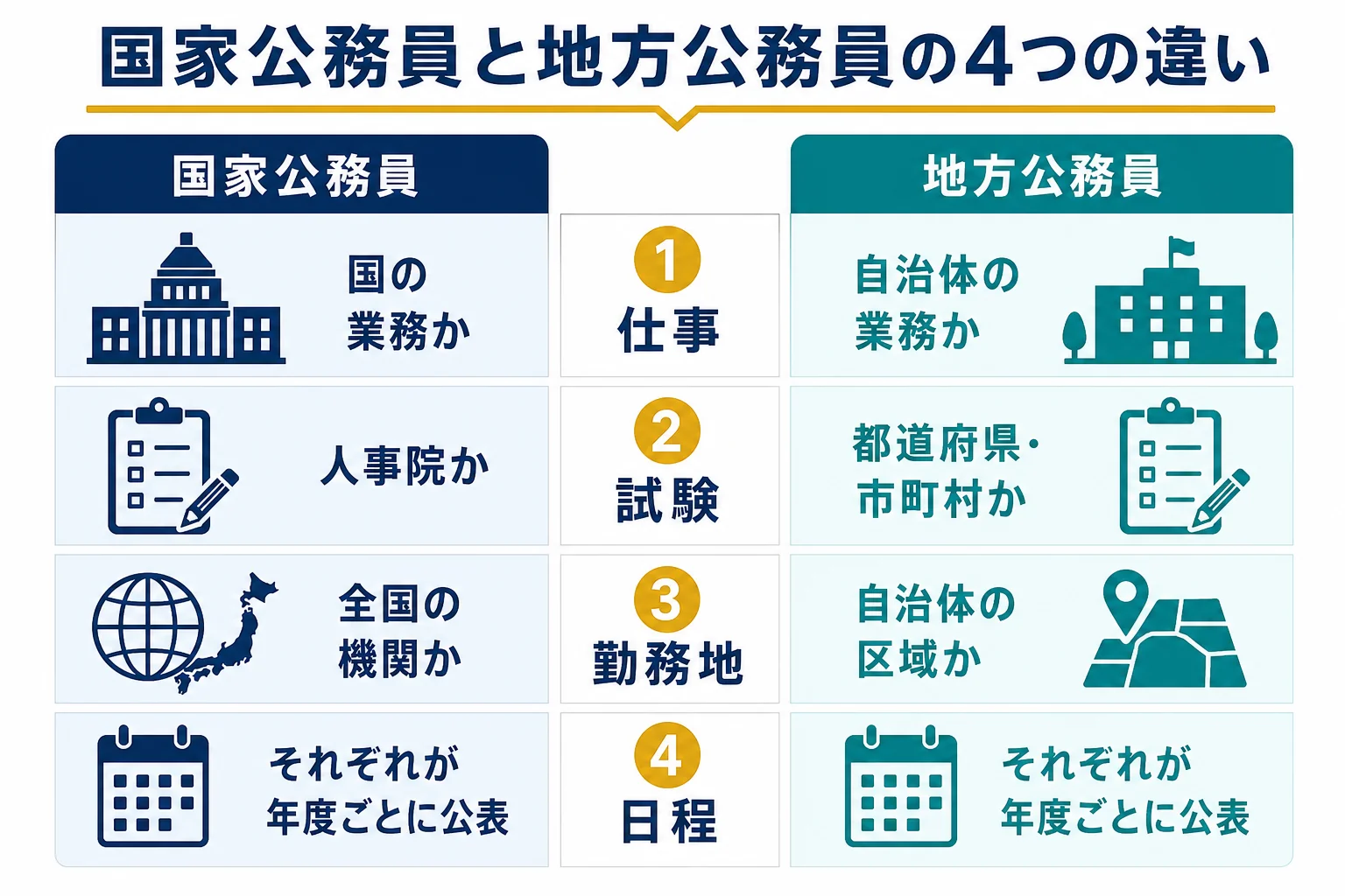 国家公務員と地方公務員を4つの軸で比べた図解