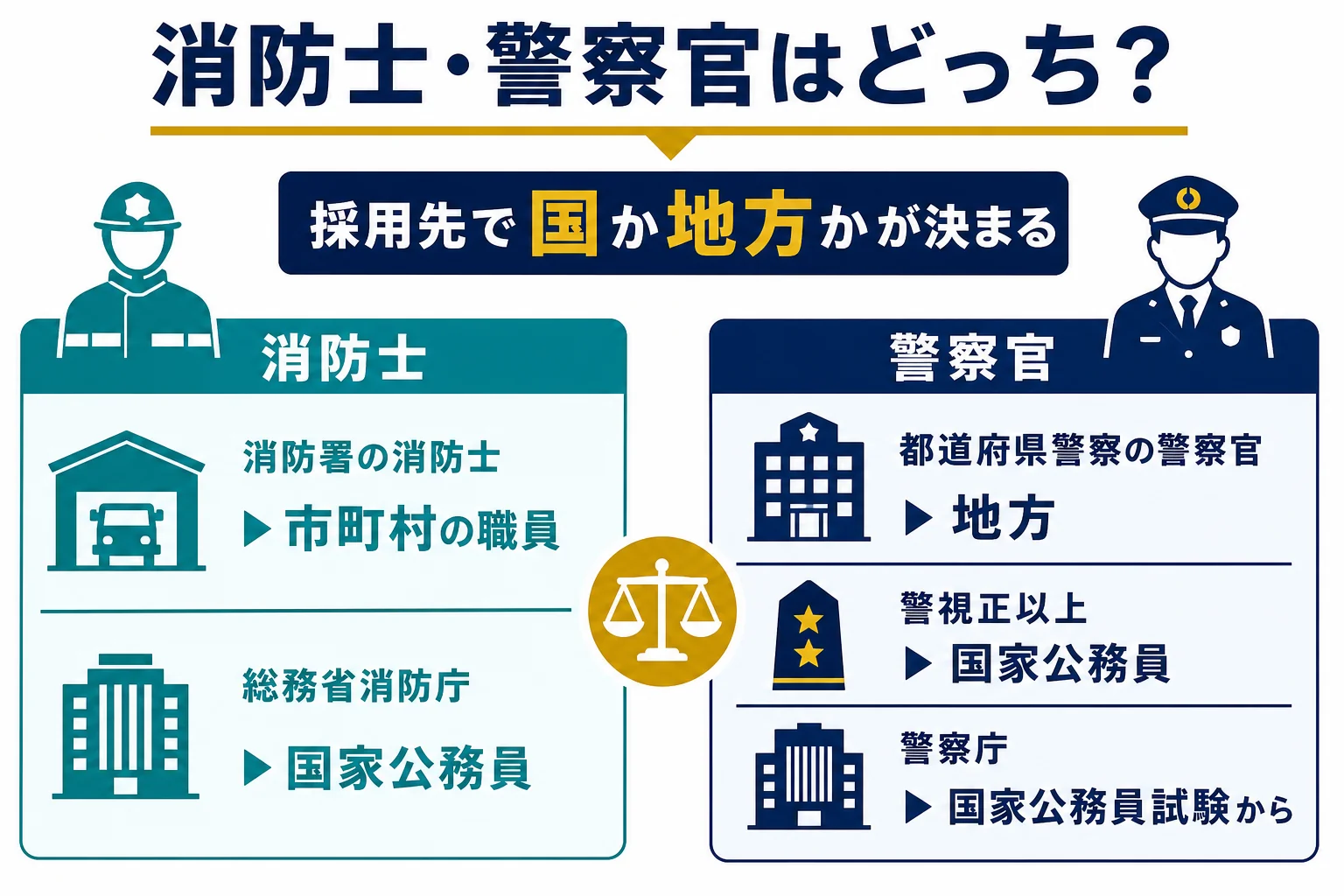 消防士や警察官が国家公務員と地方公務員のどちらに当たるかを仕分けた図解