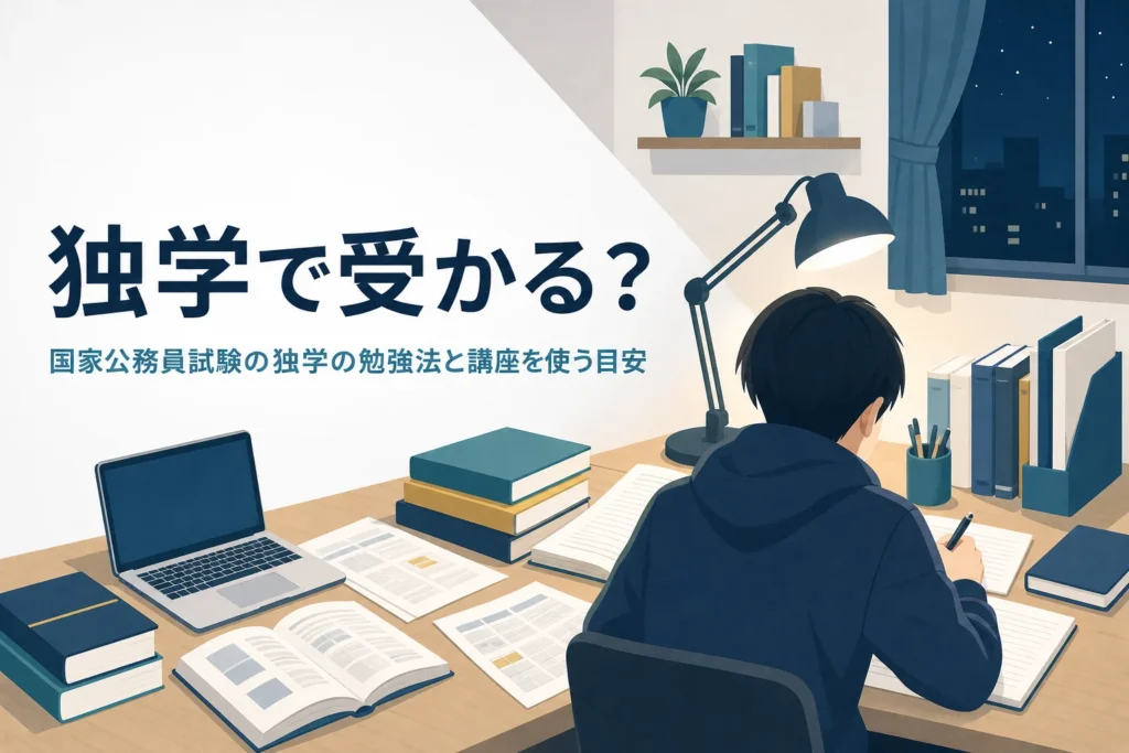 国家公務員試験を独学で目指す時の勉強法と講座を使う目安を解説する記事のアイキャッチ