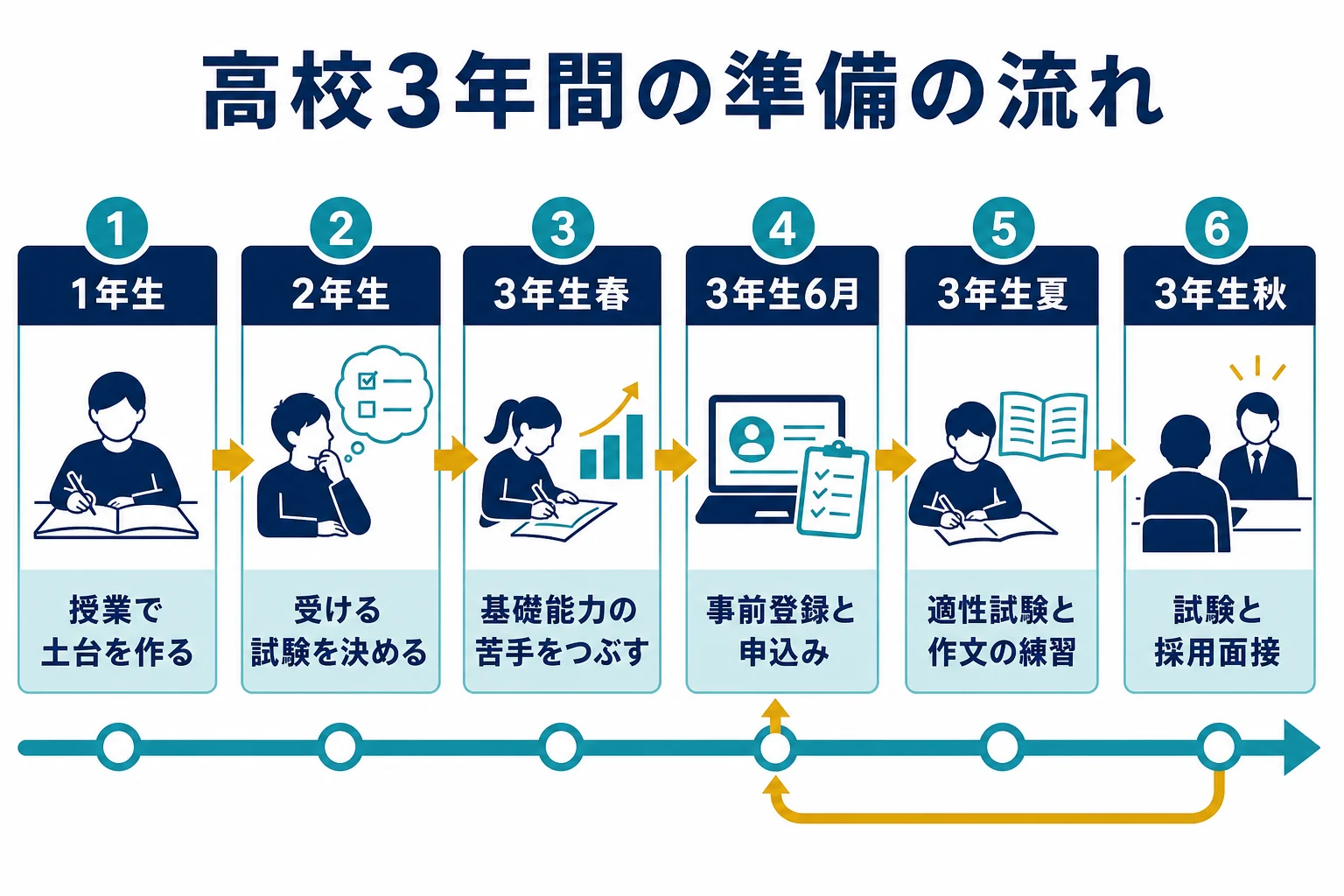 高校1年から3年までの国家公務員試験の準備を時期ごとに並べた図解